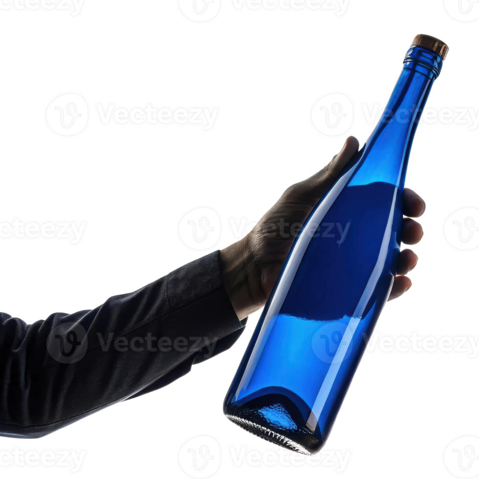 hand elegantly holds blue bottle showcasing its unique design and color. This striking bottle is perfect for special occasions png