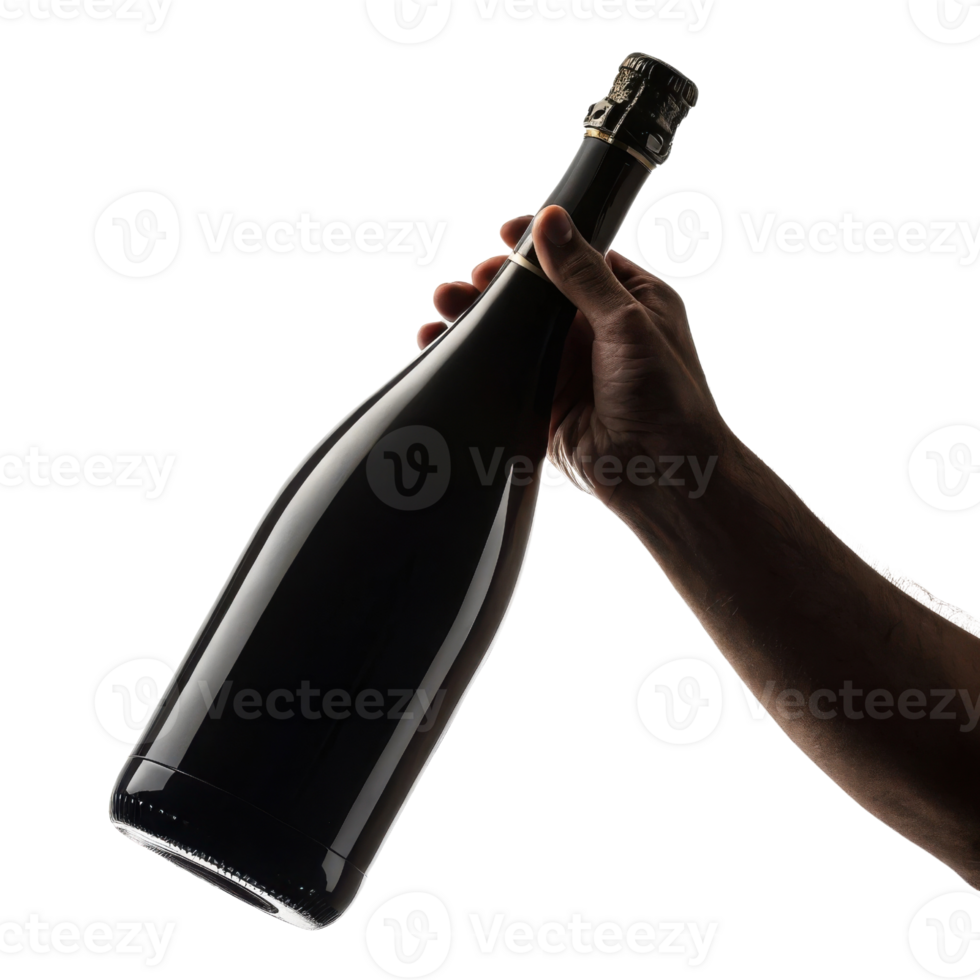 hand elegantly holds champagne bottle, showcasing its sleek design and inviting allure. This moment captures essence of celebration and joy png
