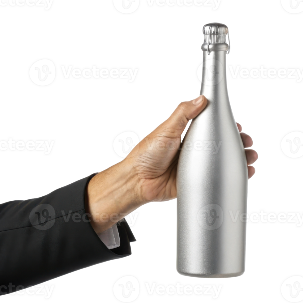 hand elegantly holds sleek champagne bottle, ready to celebrate special moments with joy and excitement png