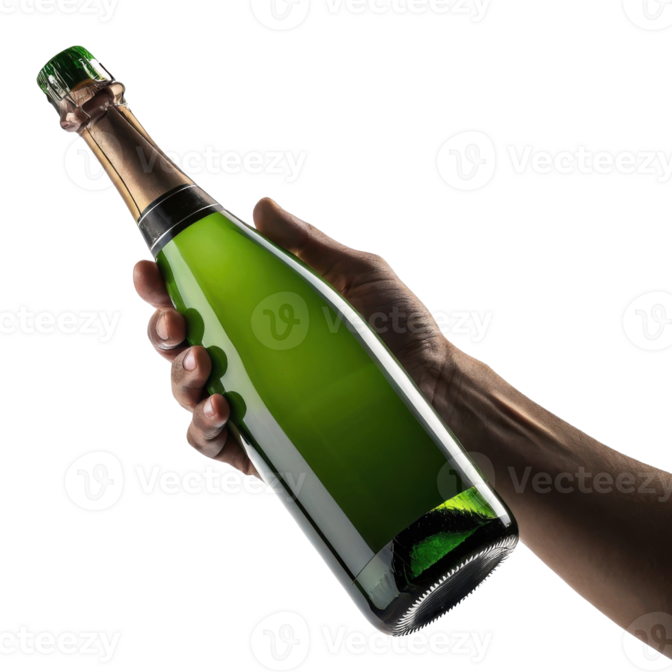 hand elegantly holds champagne bottle ready for celebration and joy. This moment captures essence of special occasions and festivities png