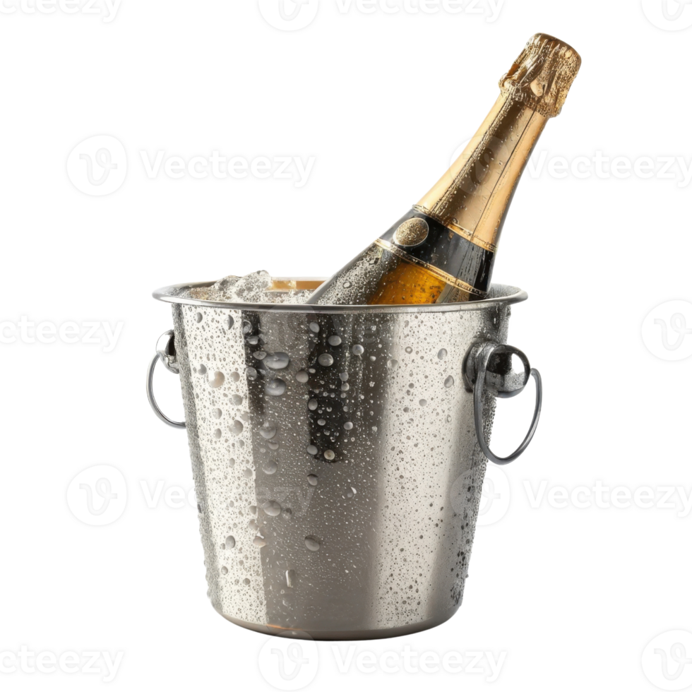 Chilled champagne bottle rests elegantly in silver bucket filled with ice, creating festive atmosphere for celebrations png