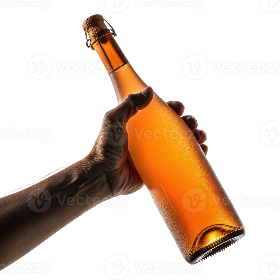 hand holds chilled champagne bottle with condensation glistening on its surface, ready for celebration and enjoyment png