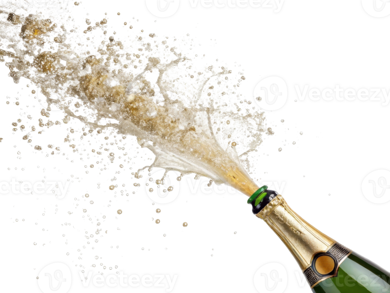 Champagne bottle bursts open with joyful spray of bubbles creating festive atmosphere perfect for celebrations and special moments png