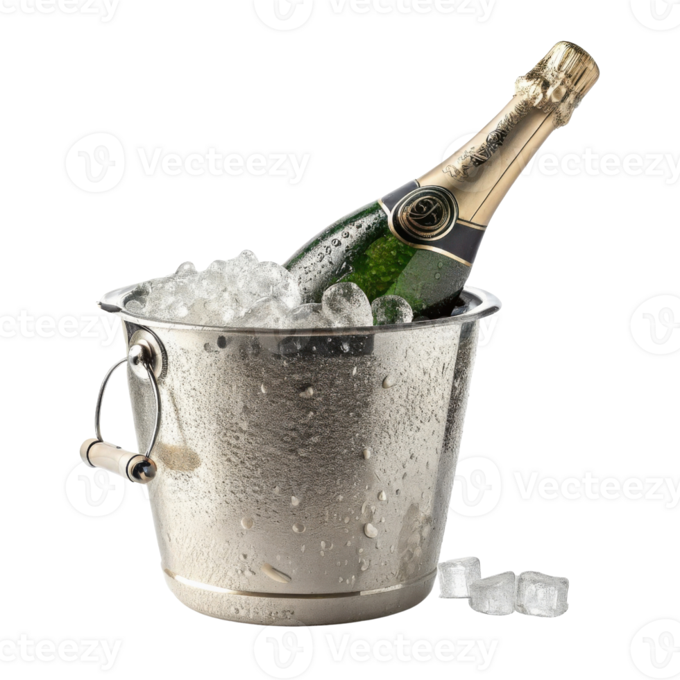 Chilled champagne bottle rests elegantly in silver ice bucket surrounded by ice cubes creating festive atmosphere png