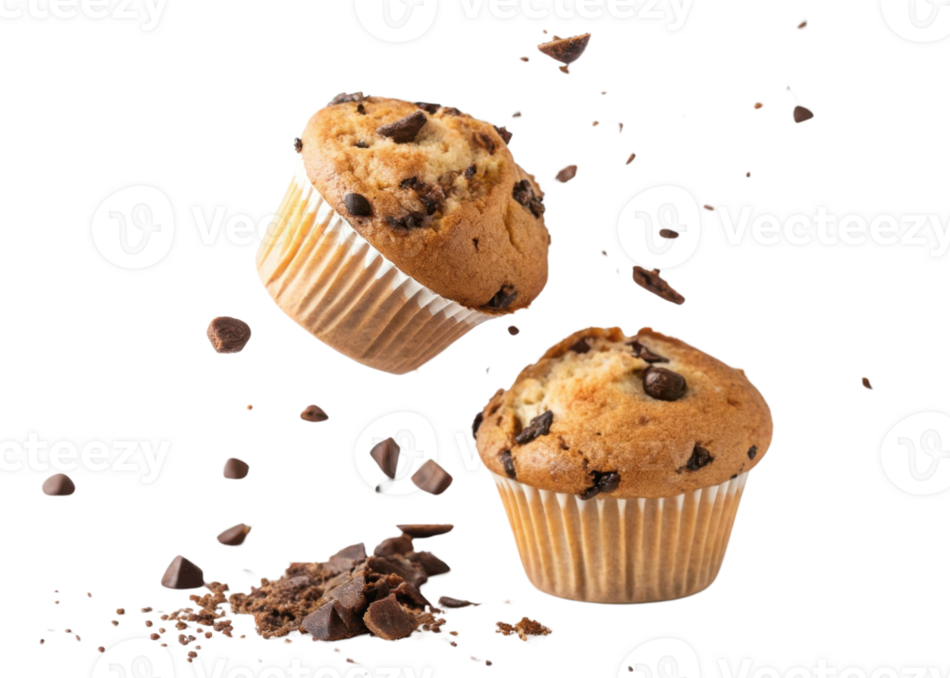 Delicious muffins with chocolate chips are flying through air creating delightful scene of sweetness and joy png