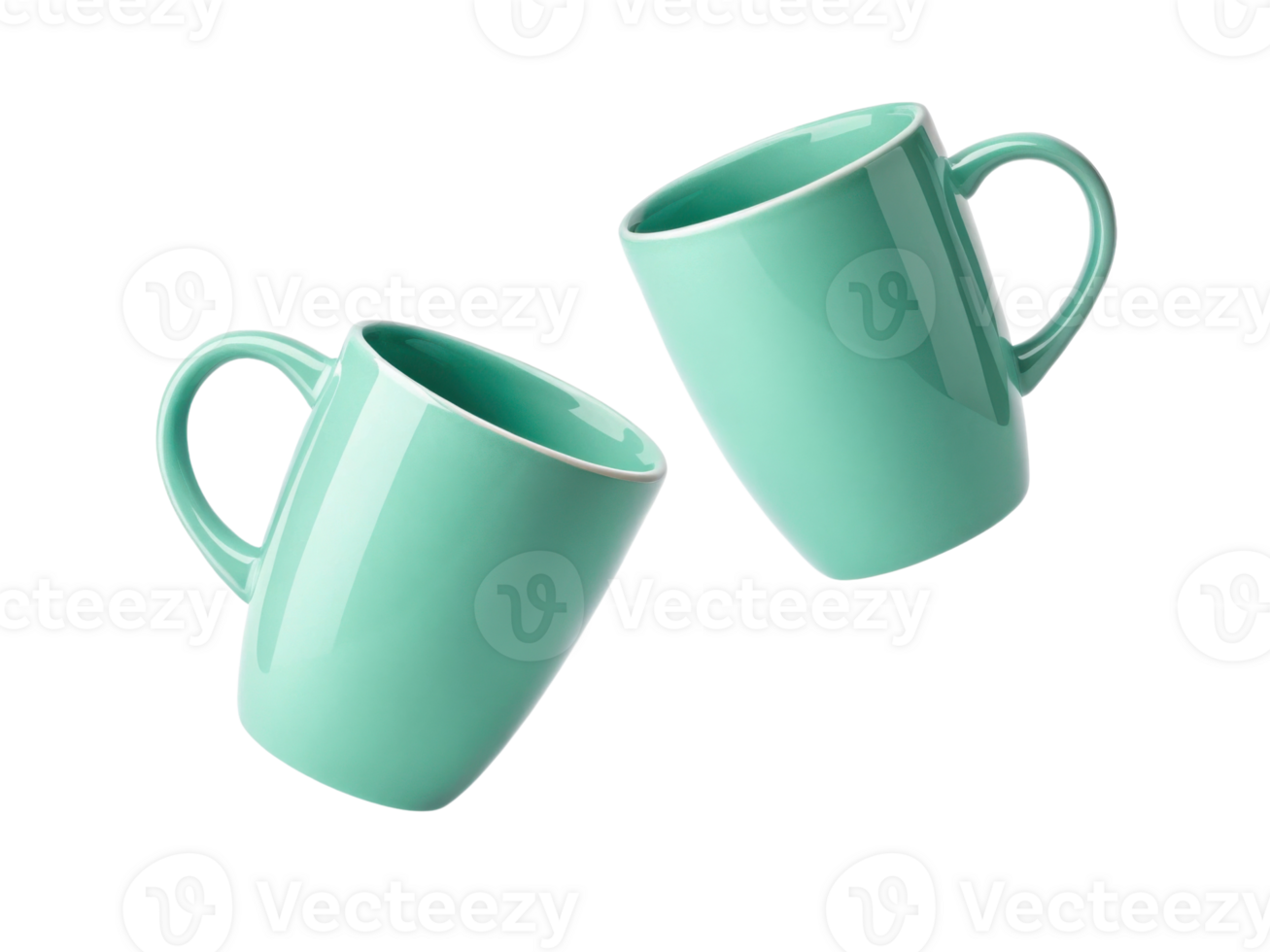 Bright and stylish mug mockup featuring two turquoise mugs tilted at angle creating lively and modern aesthetic png