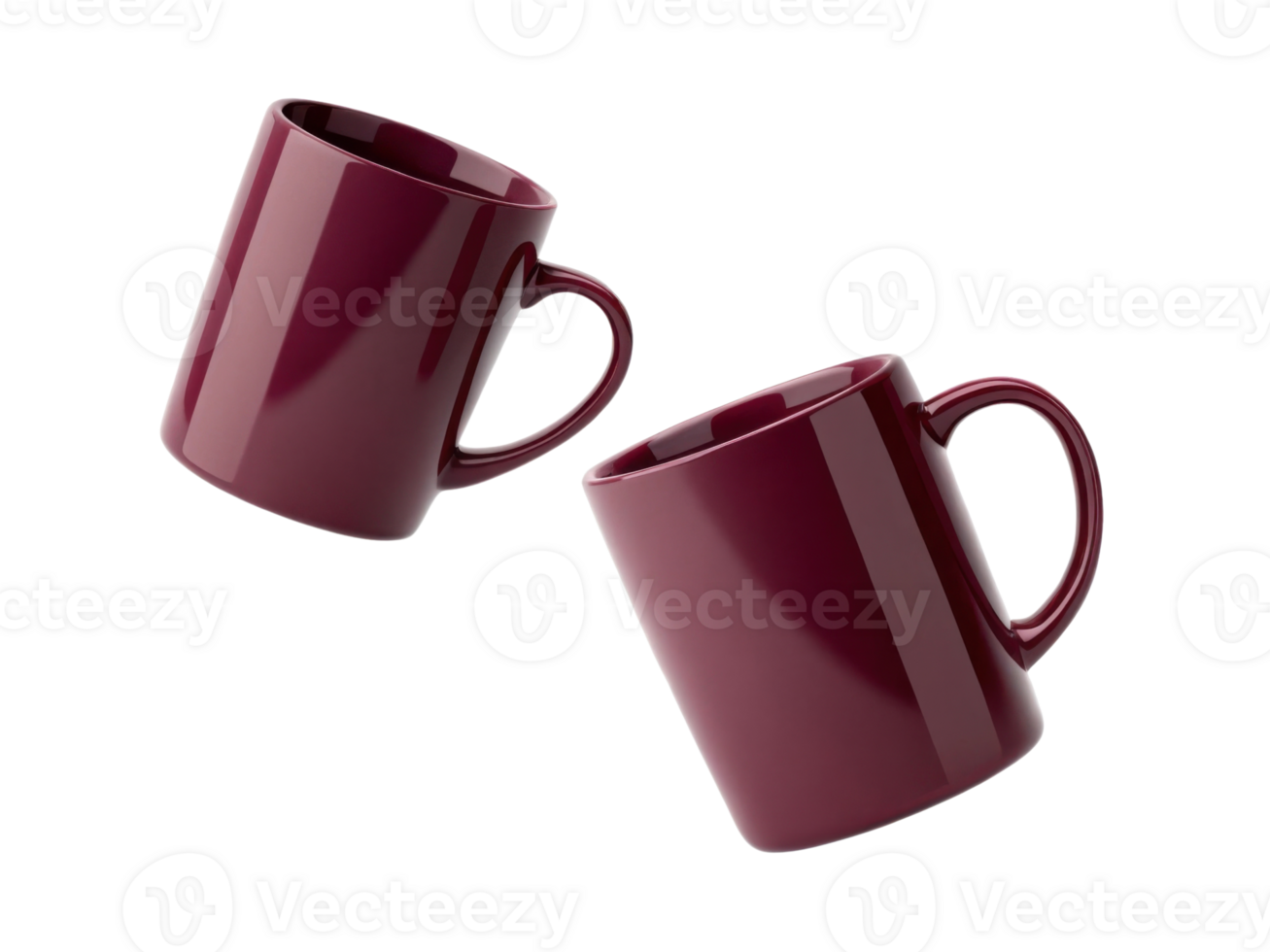 Stylish mug mockup featuring two elegant maroon mugs positioned at angle, perfect for showcasing designs or branding png