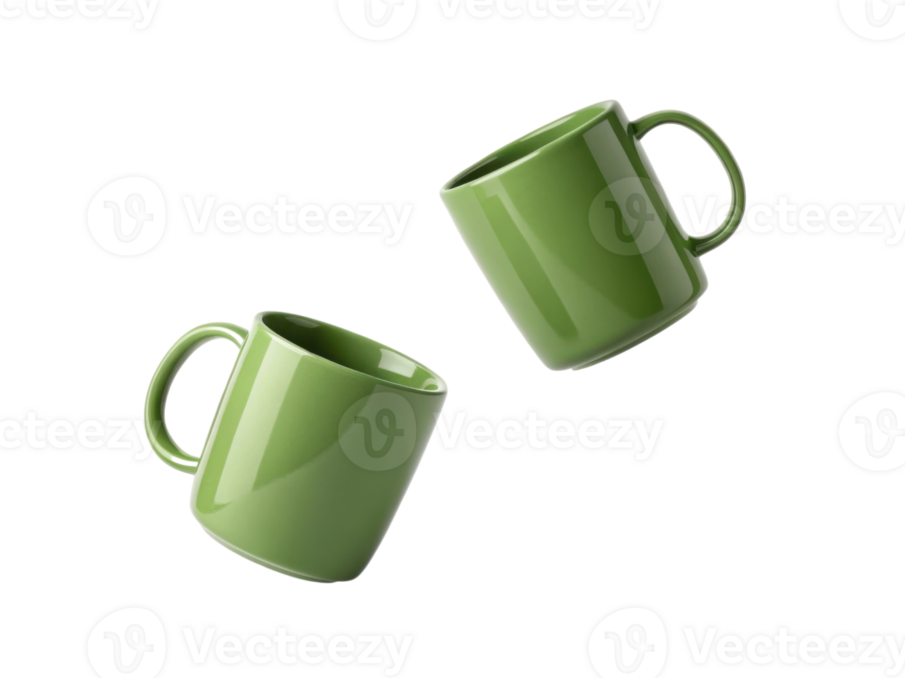 Green mugs in dynamic mockup display create vibrant and modern aesthetic perfect for showcasing beverage designs png