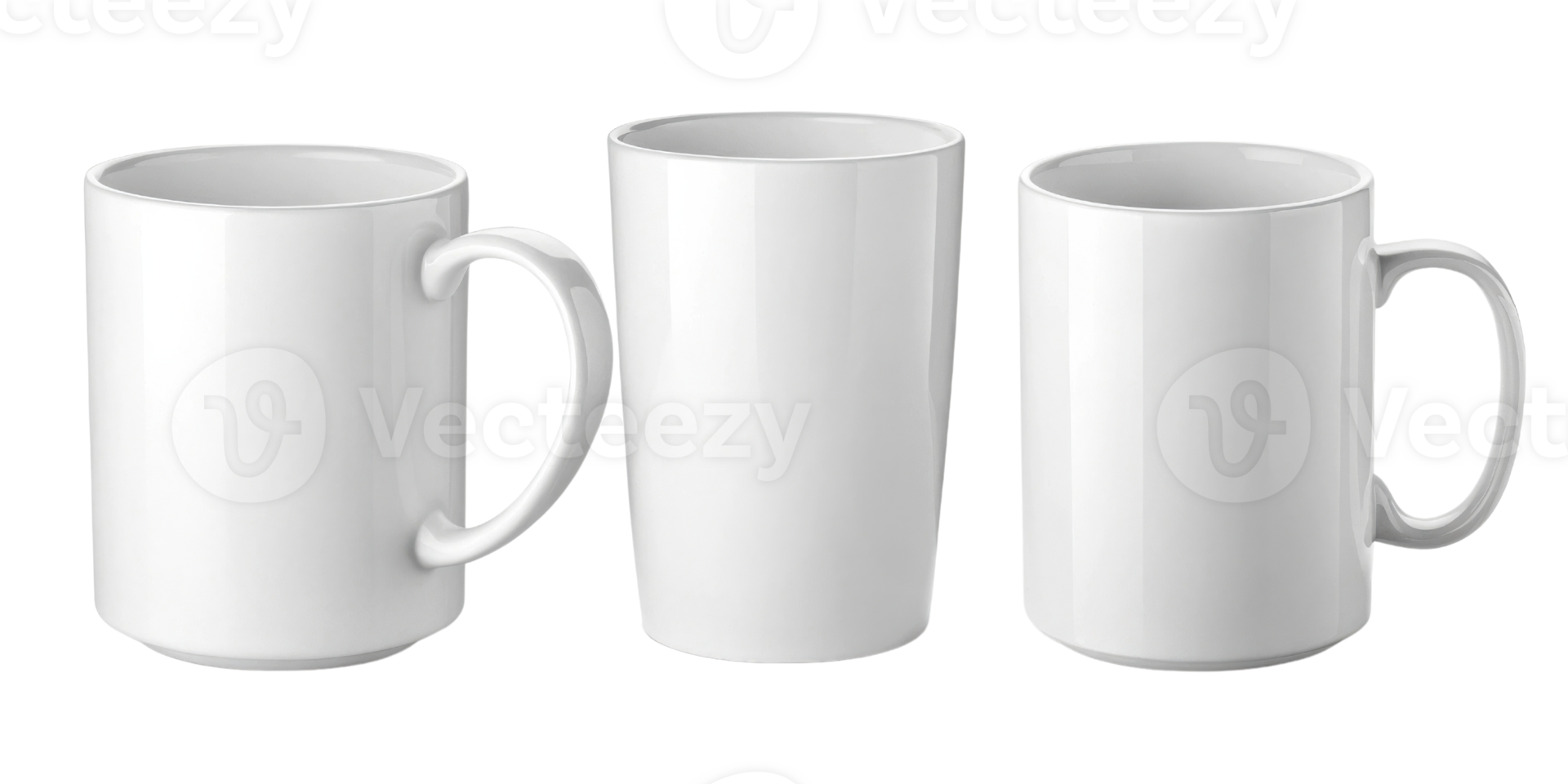 White mugs mockup display three different styles showcasing their sleek design and versatility for various beverages png