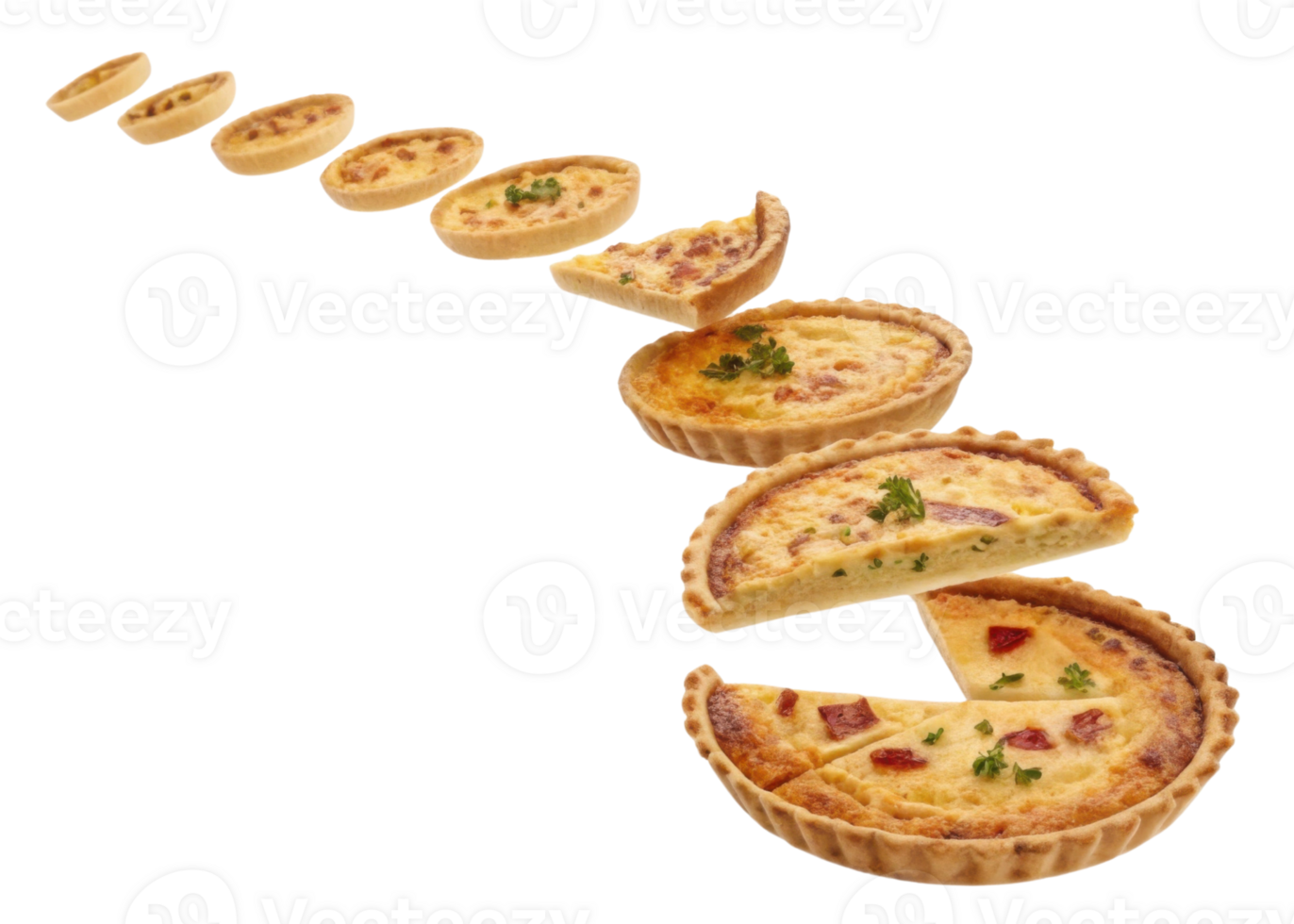 Delicious quiche varieties arranged beautiful sequence showcase their golden crusts and savory fillings, inviting delightful culinary experience png