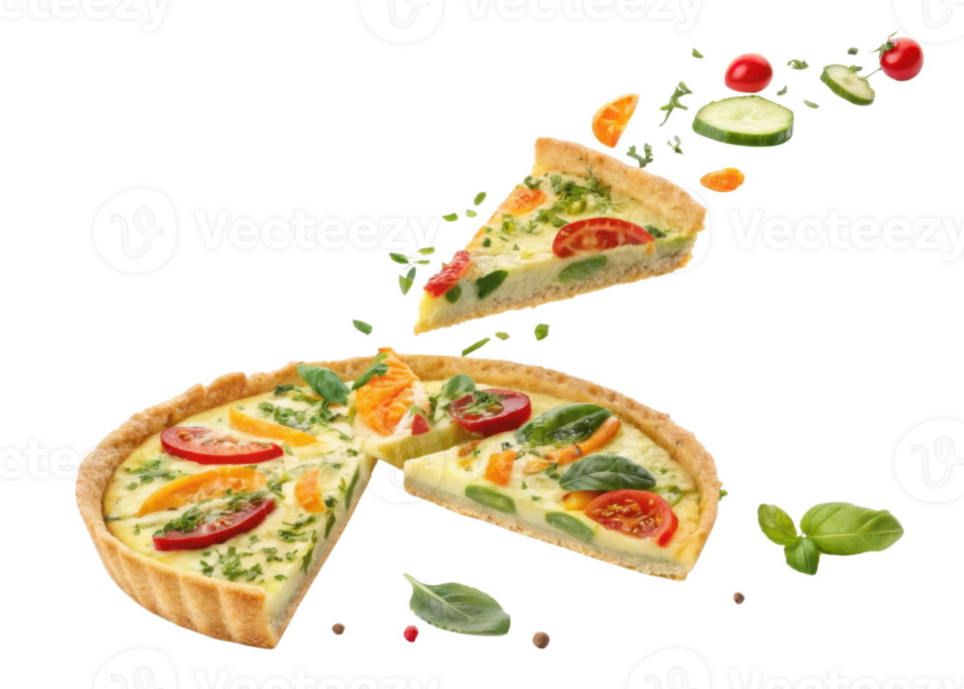 Delicious quiche with fresh vegetables like tomatoes and cucumbers showcases vibrant colors and flavors perfect for any meal png
