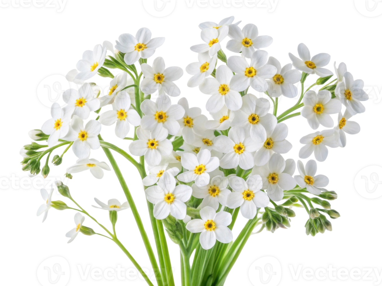 Forget me not flowers bloom beautifully in clusters showcasing delicate white petals and vibrant yellow centers creating charming display png