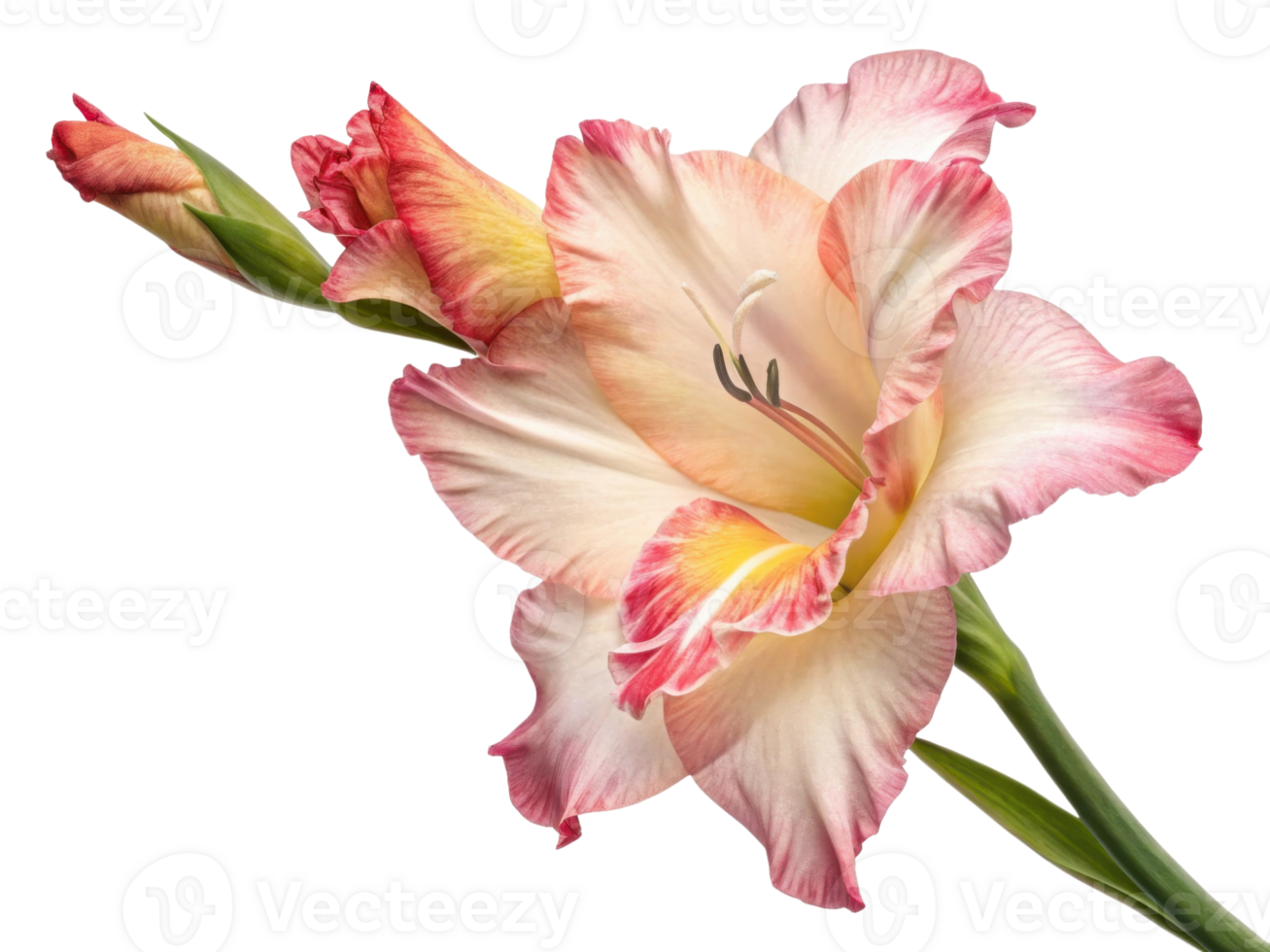 beautiful gladiolus flower blooms with delicate pink and cream petals showcasing its elegance and charm in nature garden png