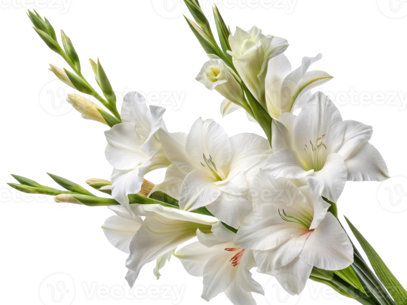 Elegant gladiolus flowers full bloom create stunning display of beauty and grace. Their delicate petals and vibrant green stems enhance any png