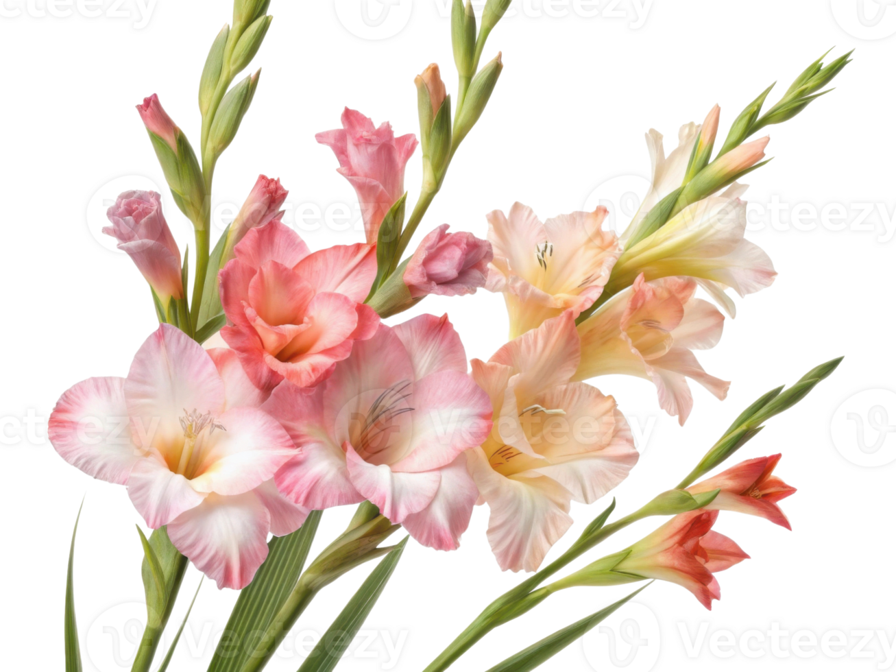 Beautiful gladiolus flowers bloom in soft shades of pink and peach, creating stunning floral arrangement that brings joy and elegance png