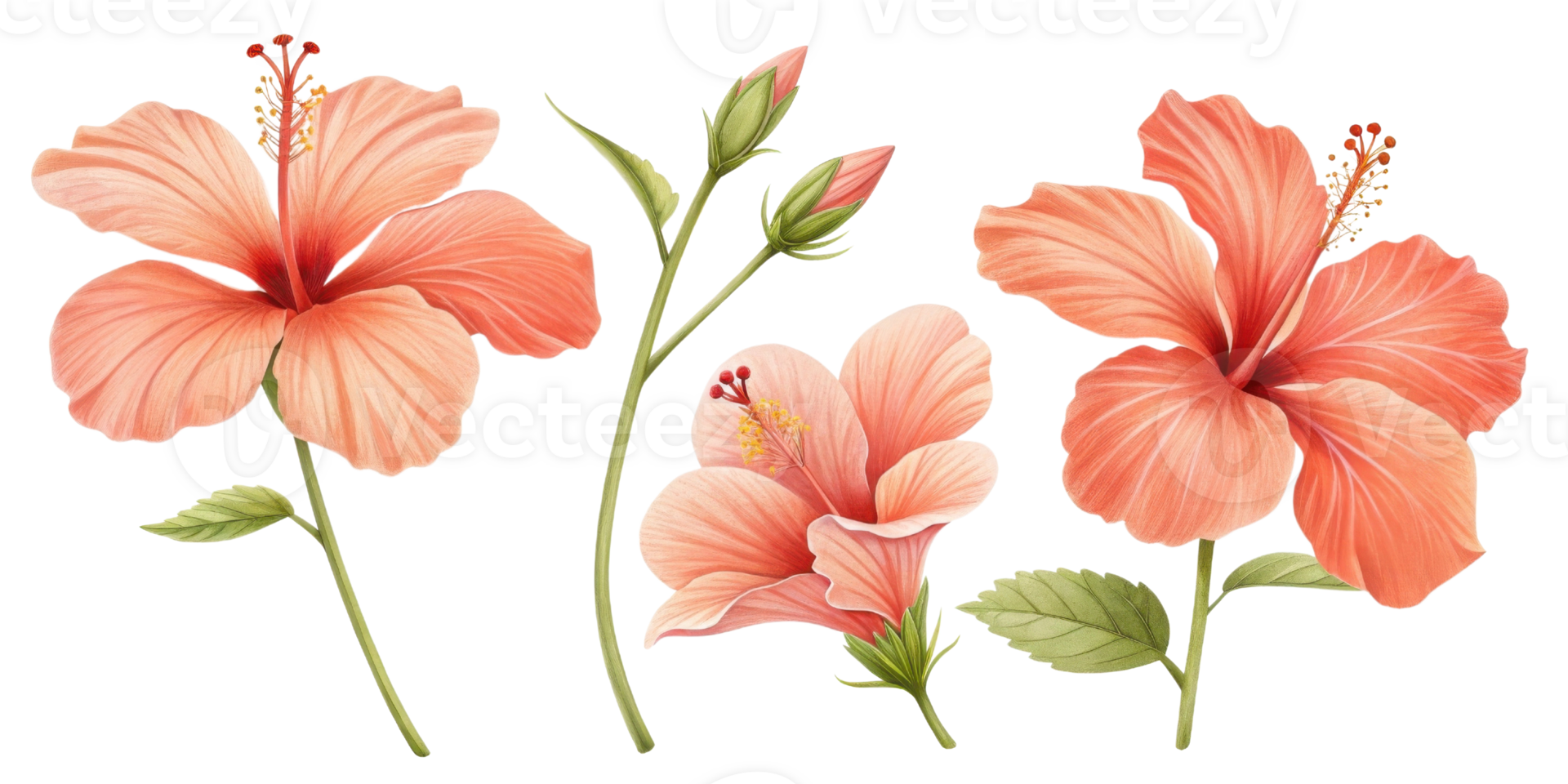Hibiscus flowers bloom in vibrant shades of coral, showcasing their delicate petals and lush green leaves, creating stunning natural display png