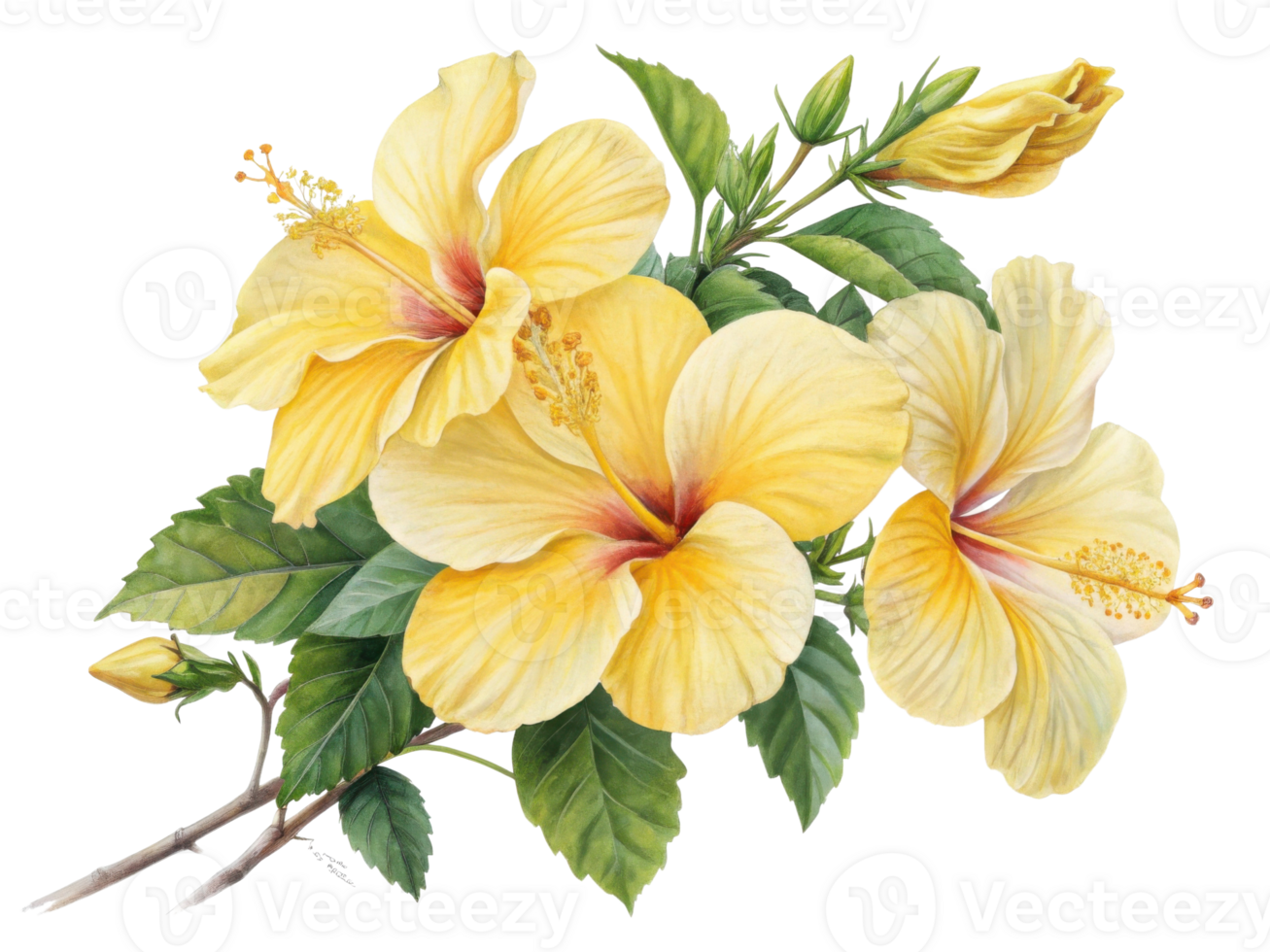 Beautiful hibiscus flowers bloom vibrant yellow, showcasing their delicate petals and lush green leaves, creating serene and cheerful atmosphere png