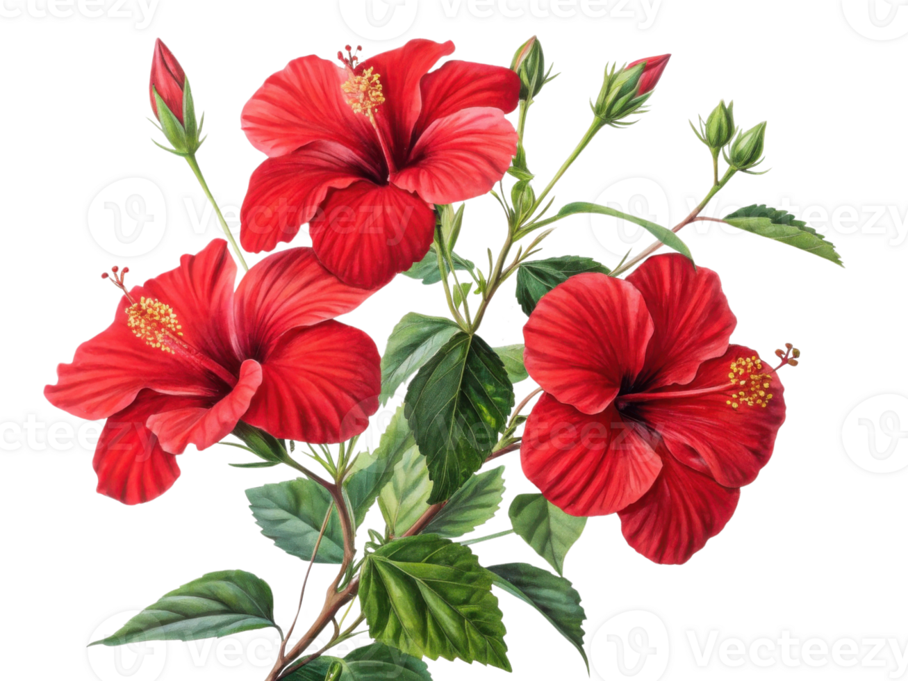 Vibrant hibiscus flowers bloom beautifully with rich red petals and lush green leaves, creating stunning natural display png