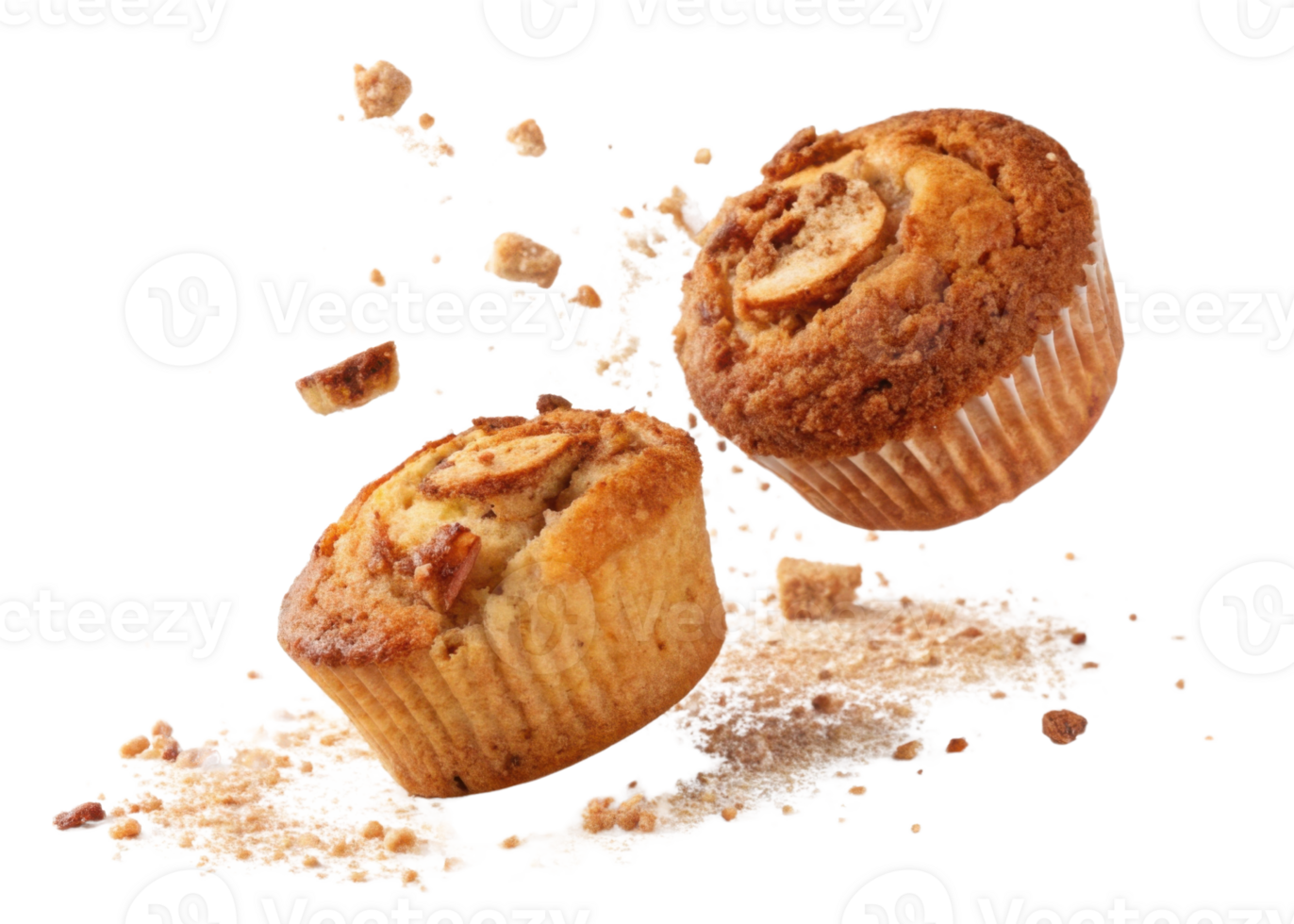 Delicious muffins are flying through air with crumbs scattering around them creating joyful and playful scene png