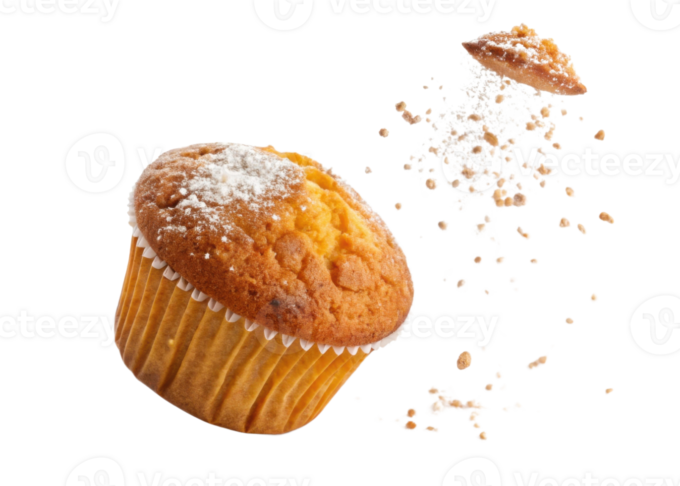 Delicious muffin with golden crust and powdered sugar topping, crumbling beautifully as it falls apart png