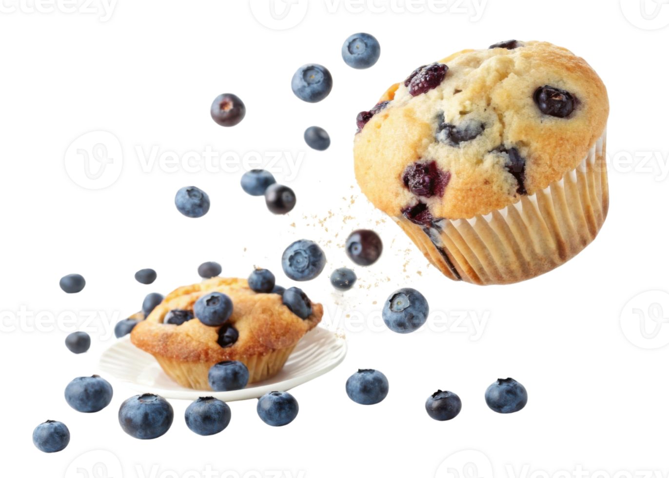 Delicious blueberry muffin with fresh berries scattered around creates delightful scene of sweetness and joy png