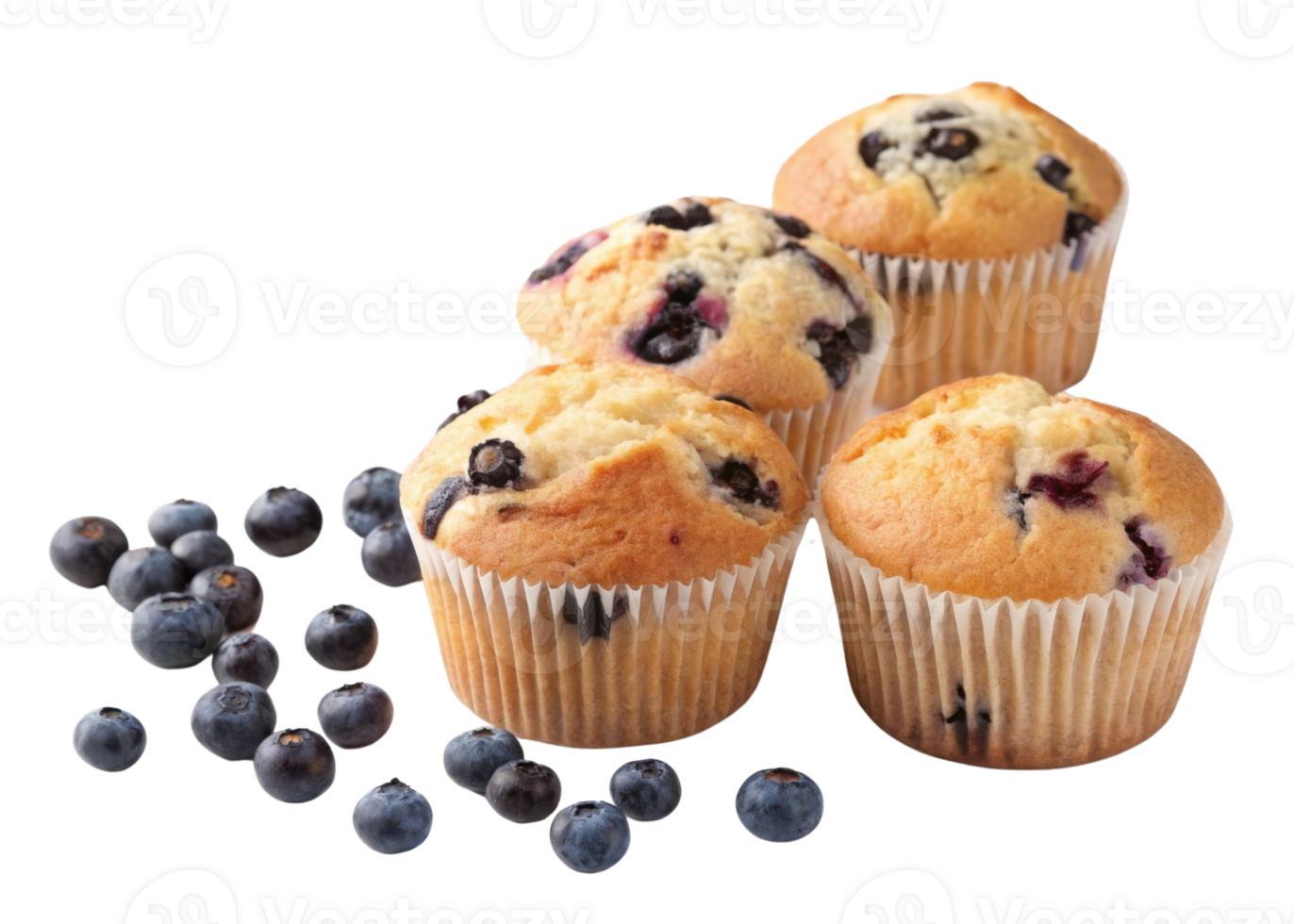 Delicious blueberry muffins are freshly baked and arranged with scattered blueberries, creating delightful and inviting scene png