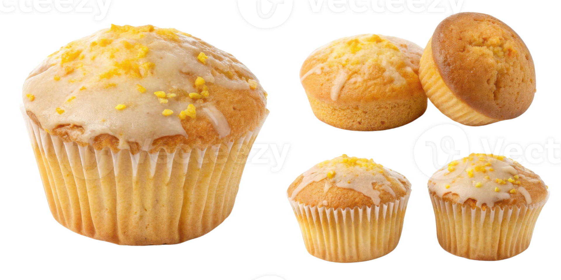Delicious muffin varieties showcase delightful golden color and sweet glaze topped with sprinkles, perfect for any occasion png