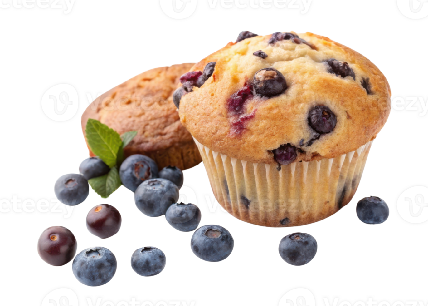 Delicious blueberry muffin with fresh blueberries and hint of mint, perfect for sweet treat or breakfast delight png