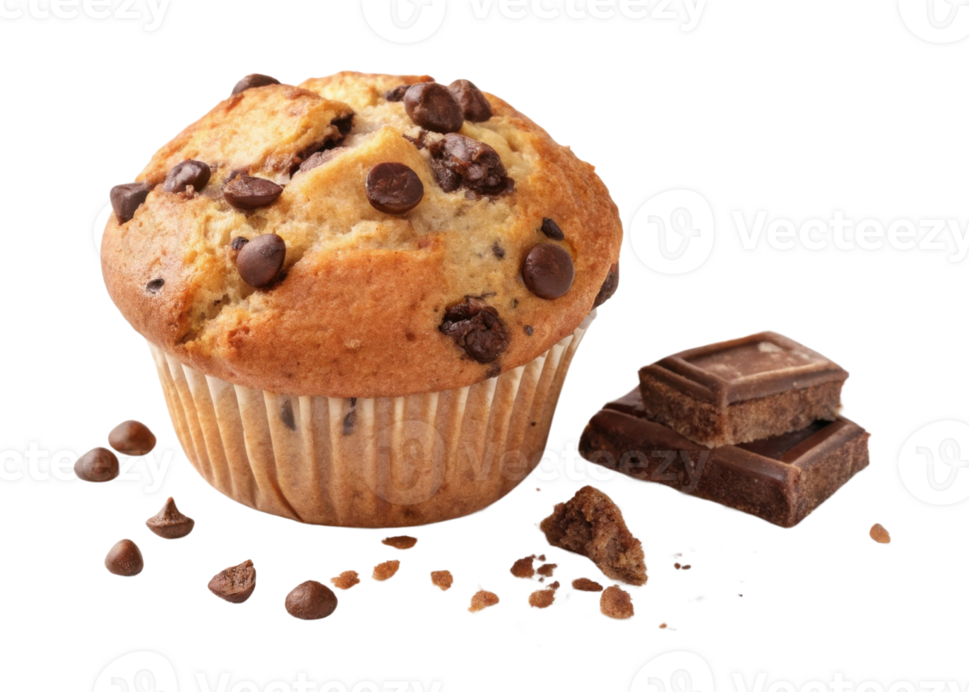 Delicious muffin topped with chocolate chips and surrounded by chocolate pieces creates tempting treat for dessert lovers png