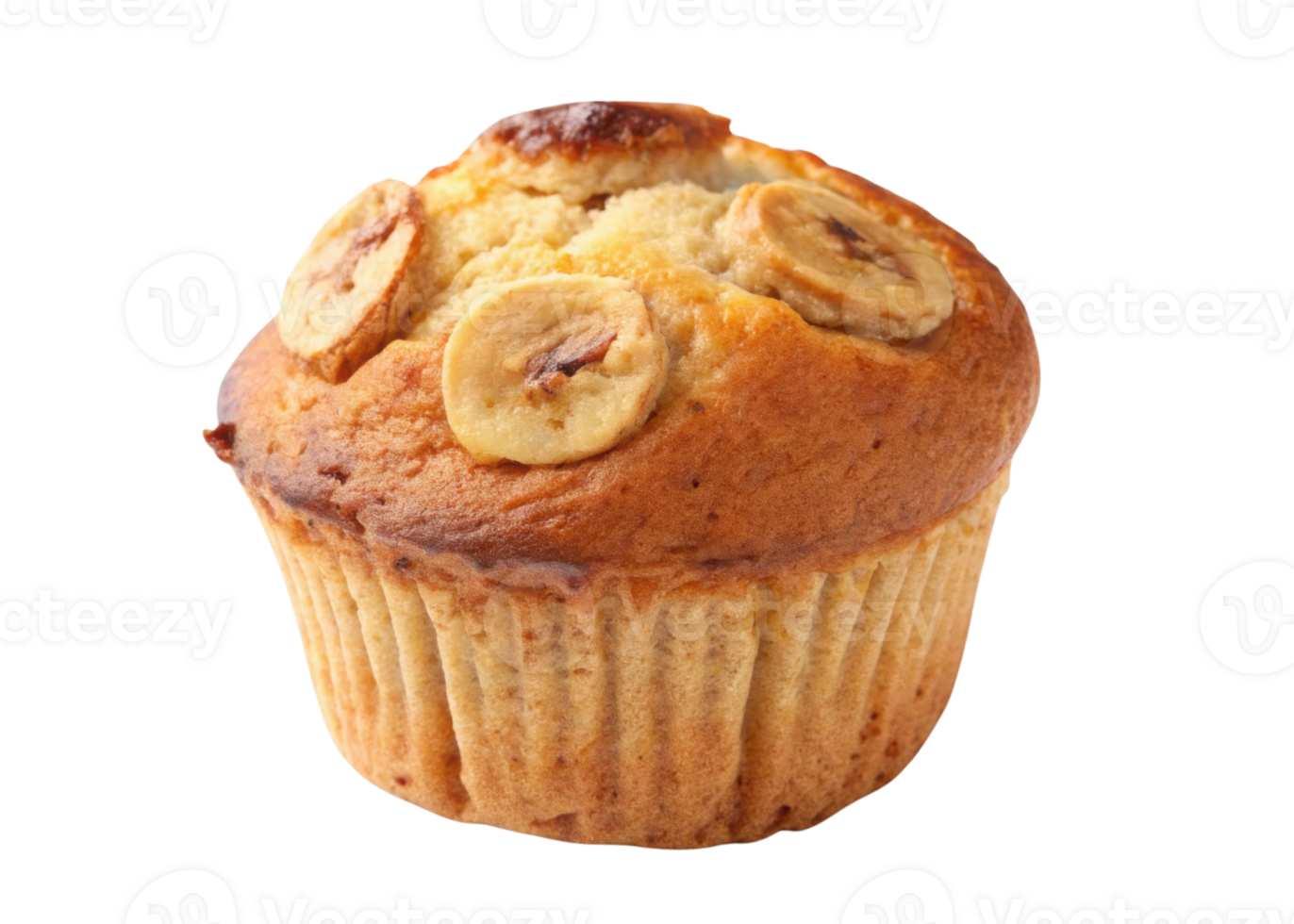 Delicious muffin topped with banana slices, golden brown, and fluffy texture, perfect for sweet treat or breakfast delight png