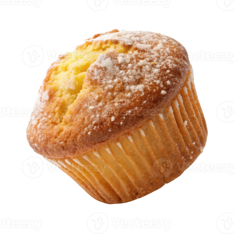 Delicious muffin with golden top and light dusting of sugar, perfect for sweet treat or snack png
