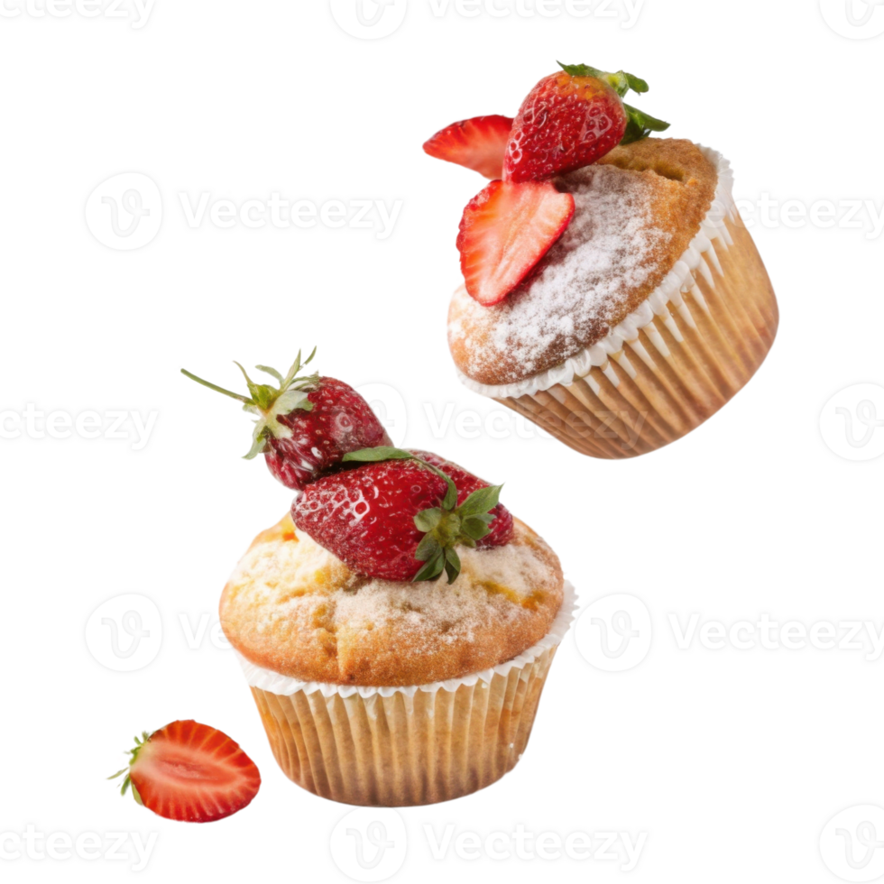 Delicious muffins topped with fresh strawberries create delightful treat perfect for any occasion. Enjoy sweet flavors and textures png