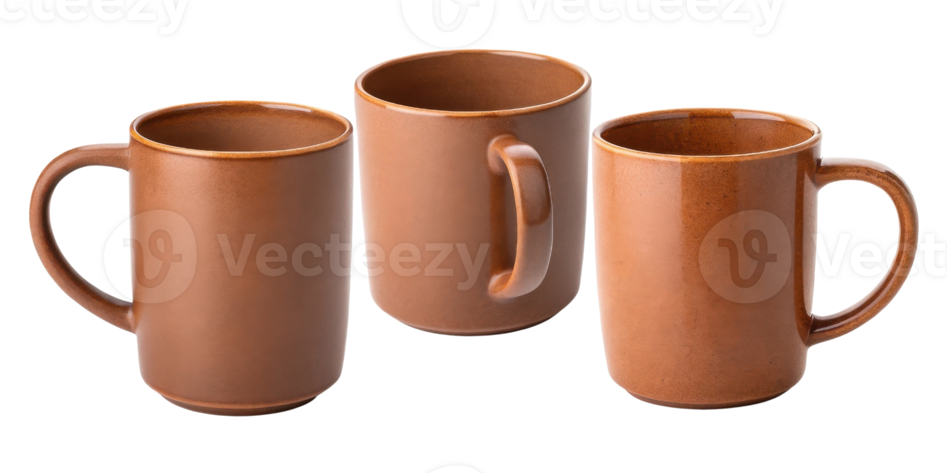 Stylish mug mockup featuring three brown ceramic mugs arranged together showcasing their unique designs and textures png