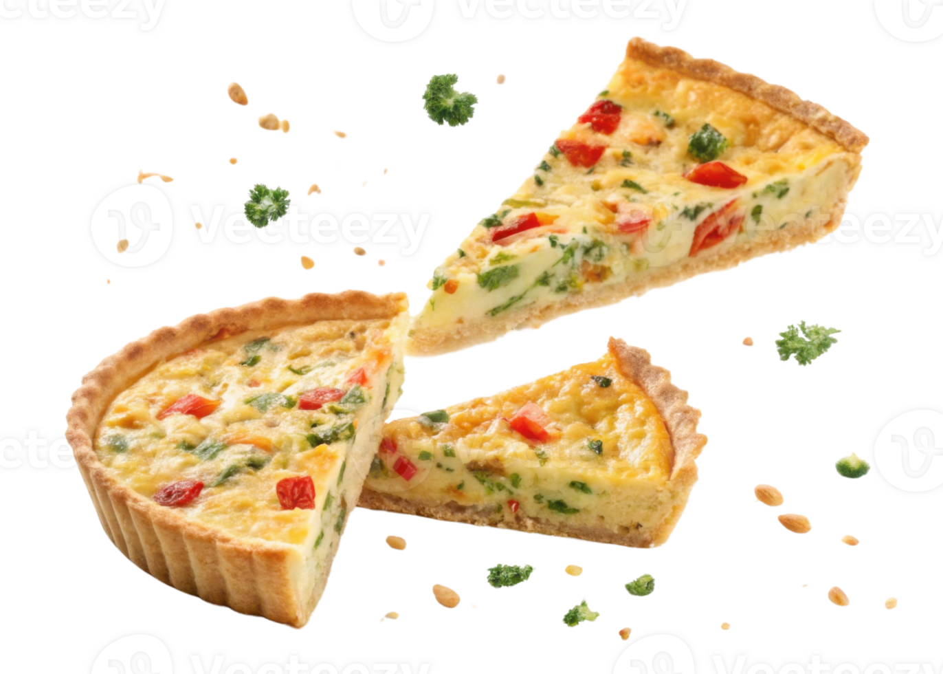 Delicious quiche slices with vibrant vegetables showcase perfect blend of flavors and textures, ideal for any meal or gathering png