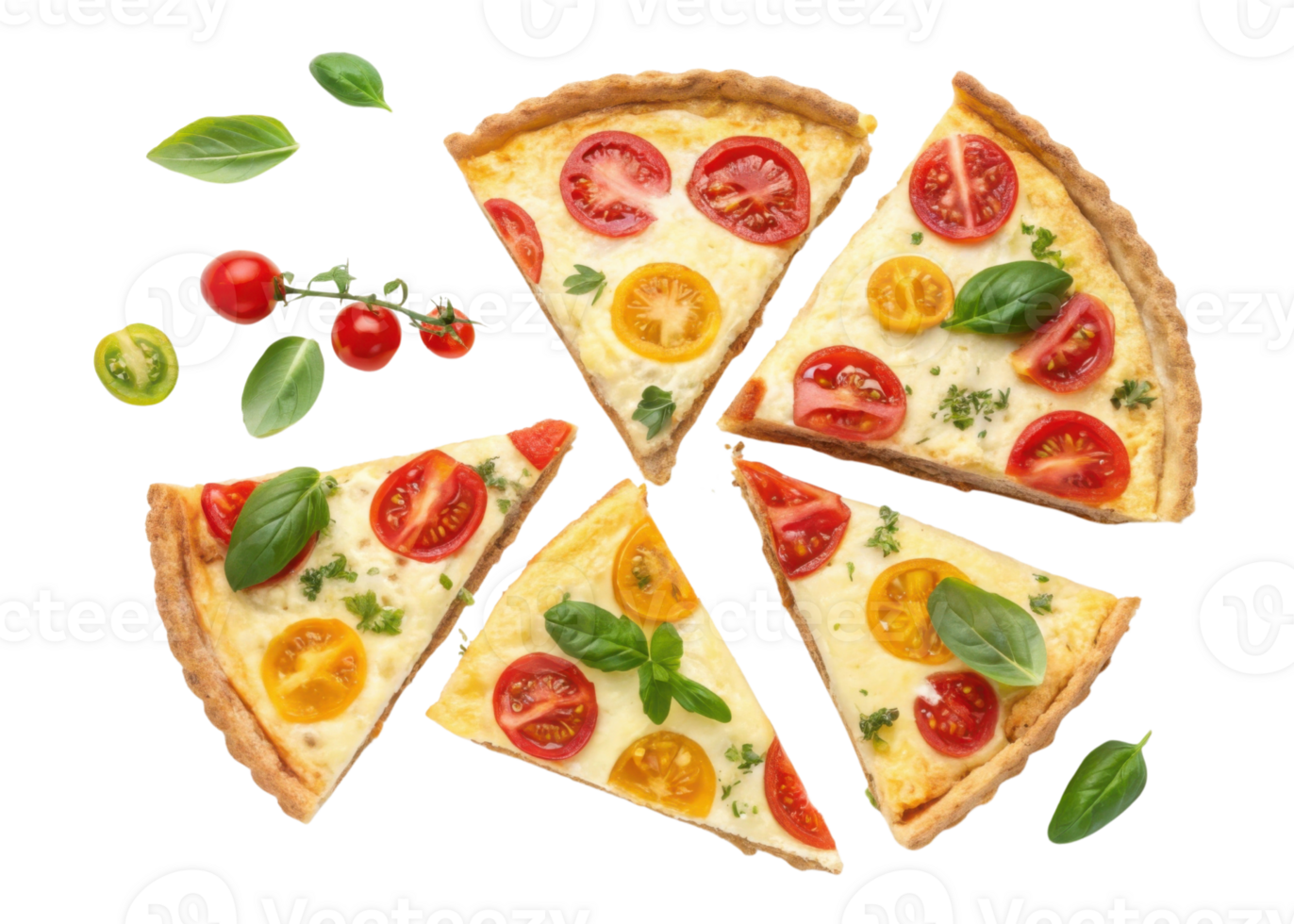 Delicious quiche slices topped with vibrant tomatoes and fresh basil create colorful and appetizing dish perfect for any meal png