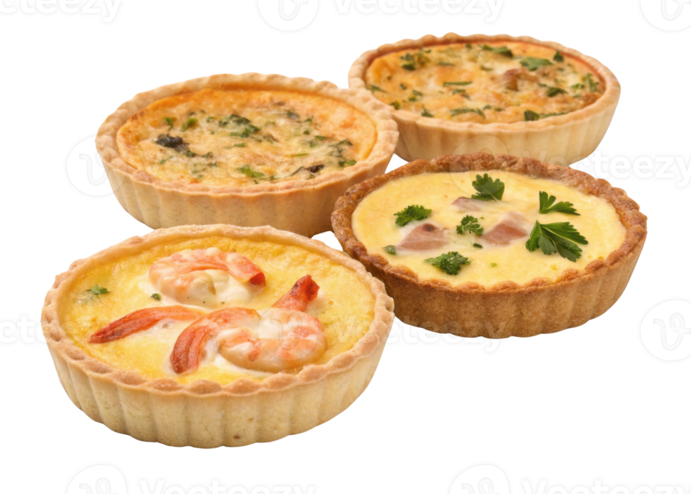 Delicious quiche varieties showcase blend of flavors with shrimp, herbs, and creamy fillings perfect for any occasion png