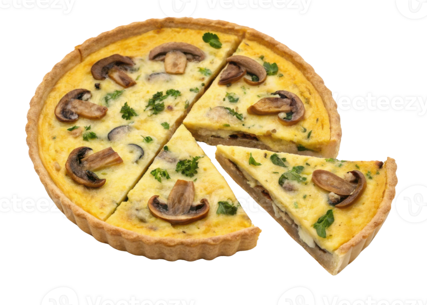 Delicious quiche with mushrooms and herbs is perfect for any meal, showcasing golden crust and savory filling png