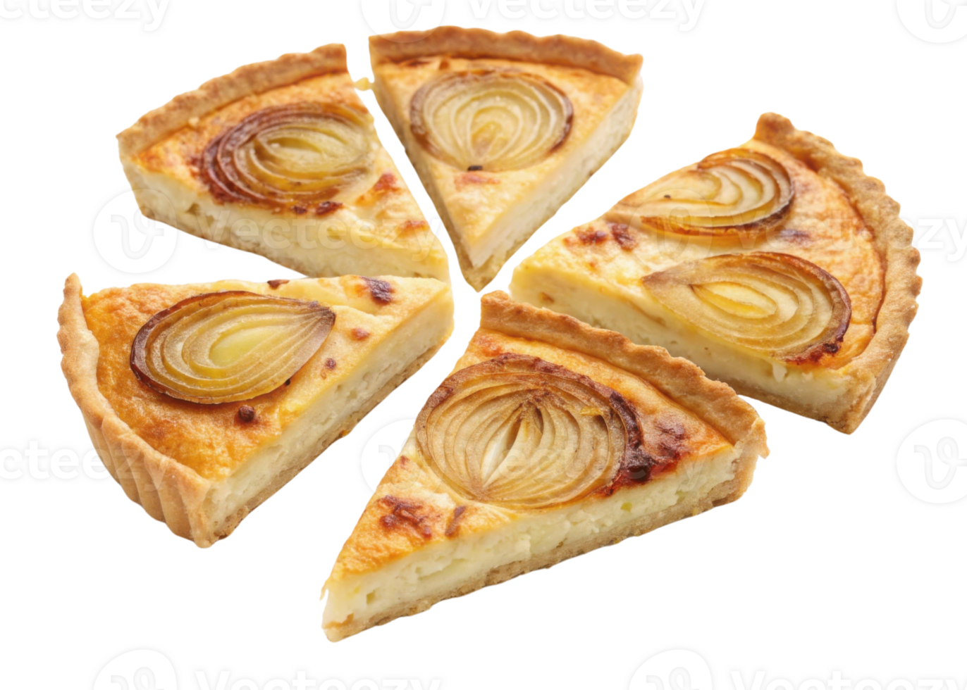 Delicious quiche slices with golden onions are perfect for any meal, showcasing flaky crust and creamy filling that delights senses png