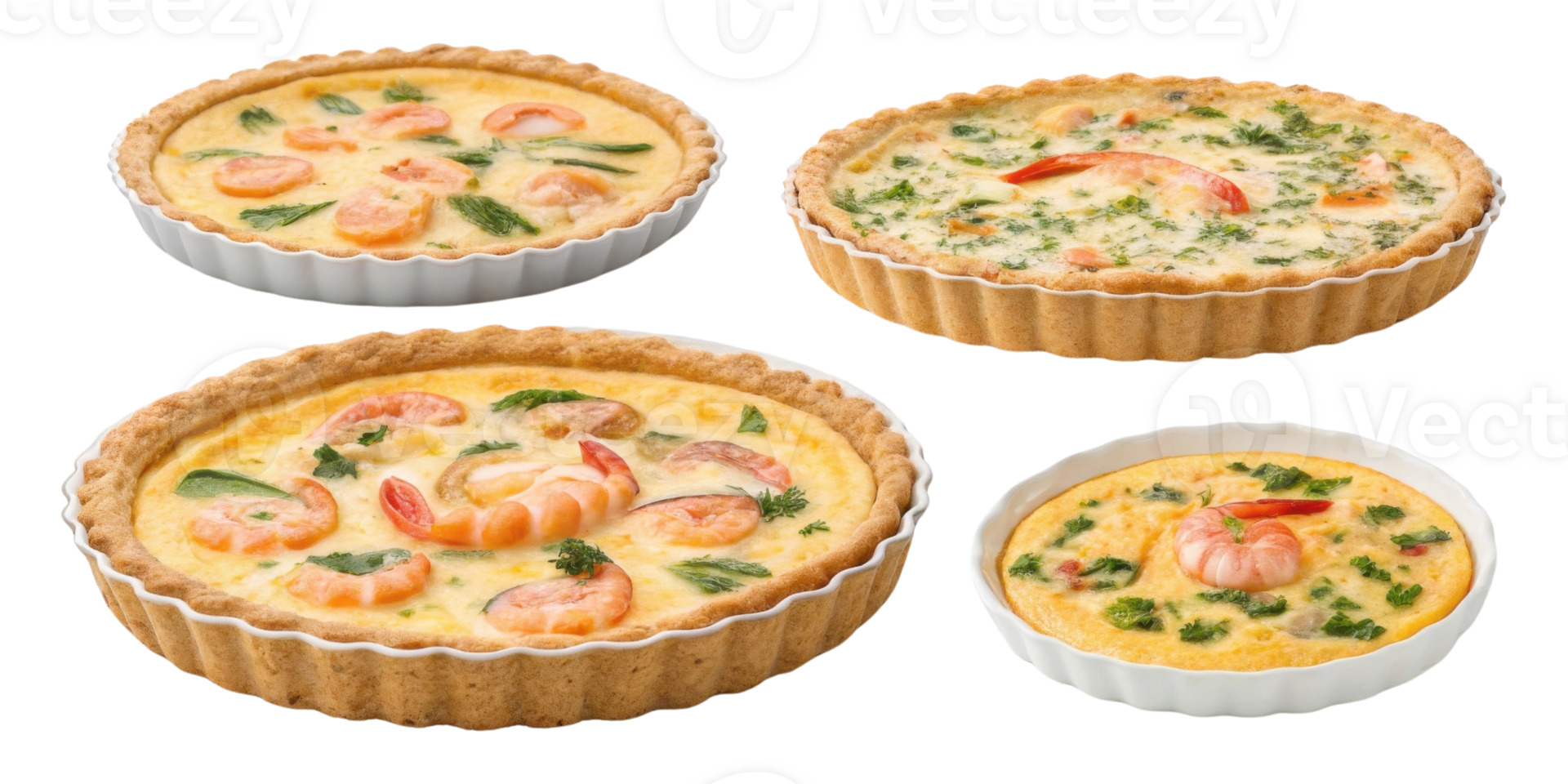 Delicious quiche varieties featuring shrimp and vegetables in golden crusts are perfect for any gathering or meal png