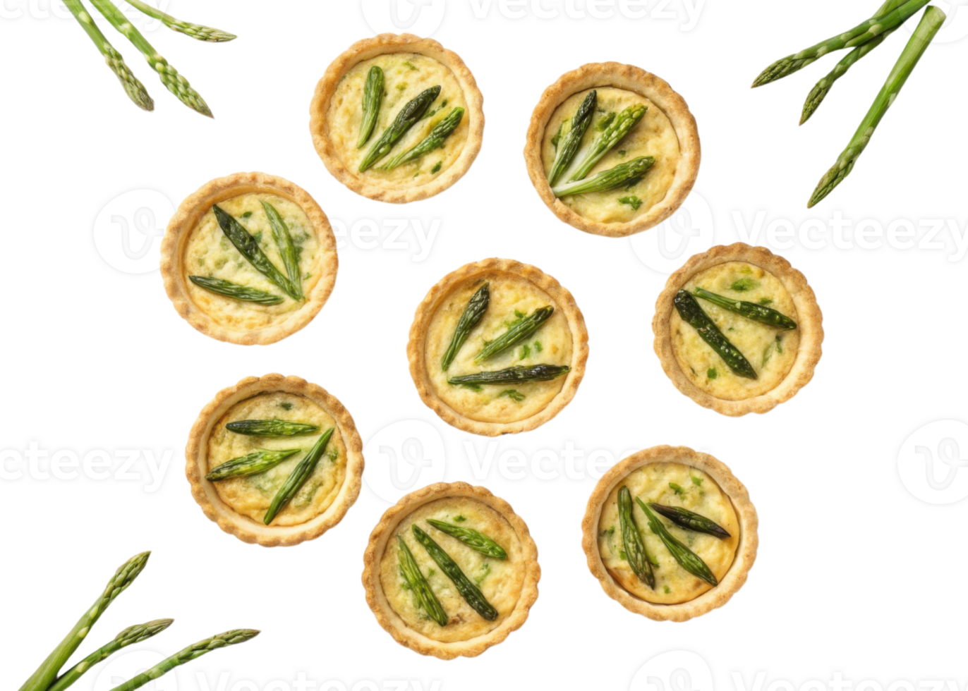 Delicious quiche tarts filled with creamy goodness and topped with fresh asparagus create delightful culinary experience png
