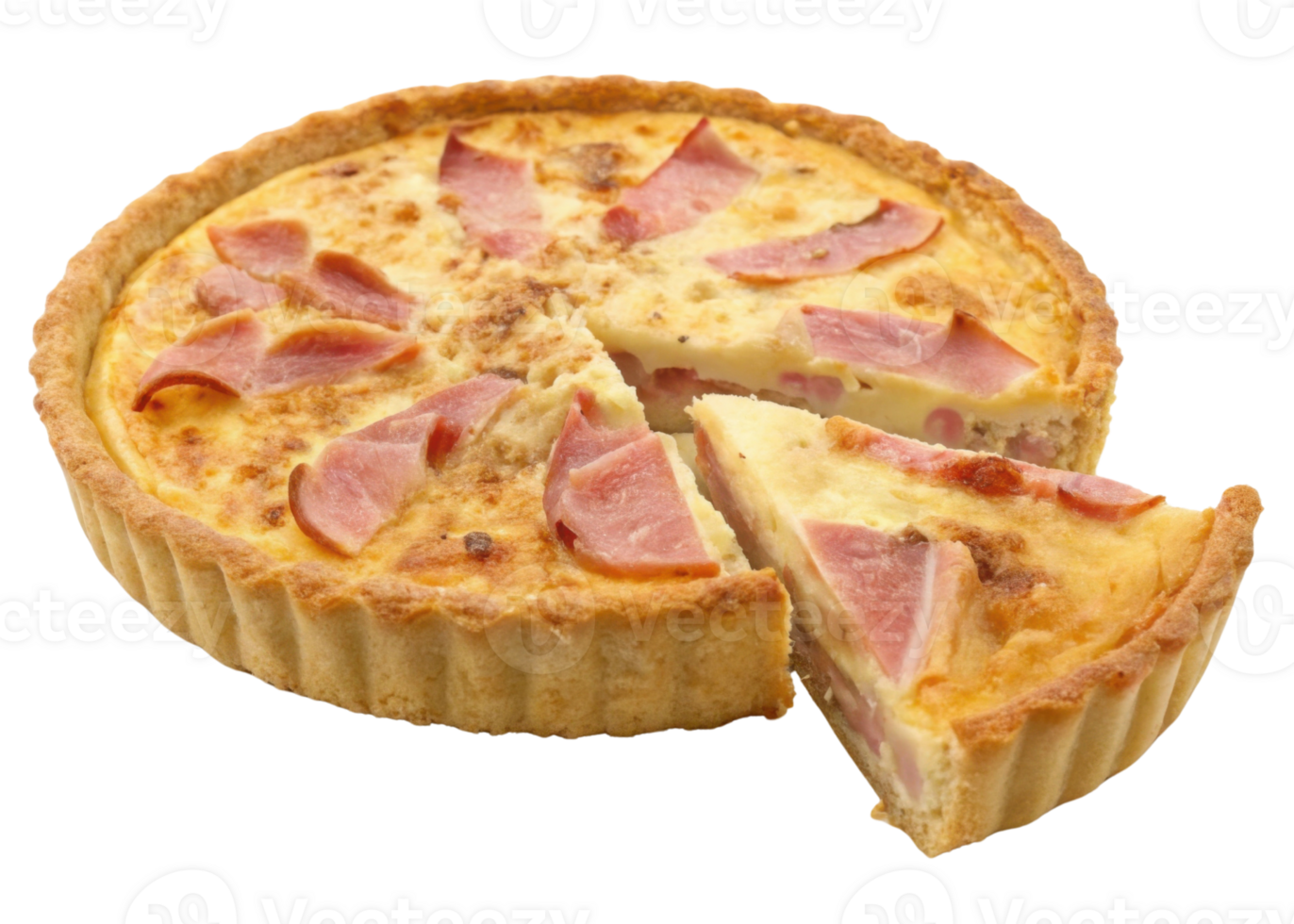 Delicious quiche with golden crust filled with ham and cheese, perfect for any meal or gathering. Enjoy slice of this savory delight png