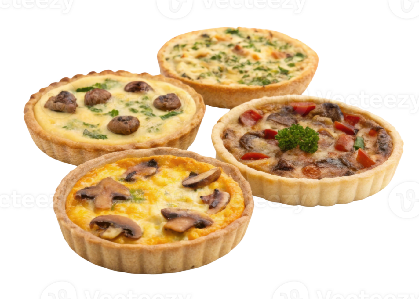 Delicious quiche varieties featuring mushrooms, vegetables, and herbs in flaky crusts create delightful culinary experience png