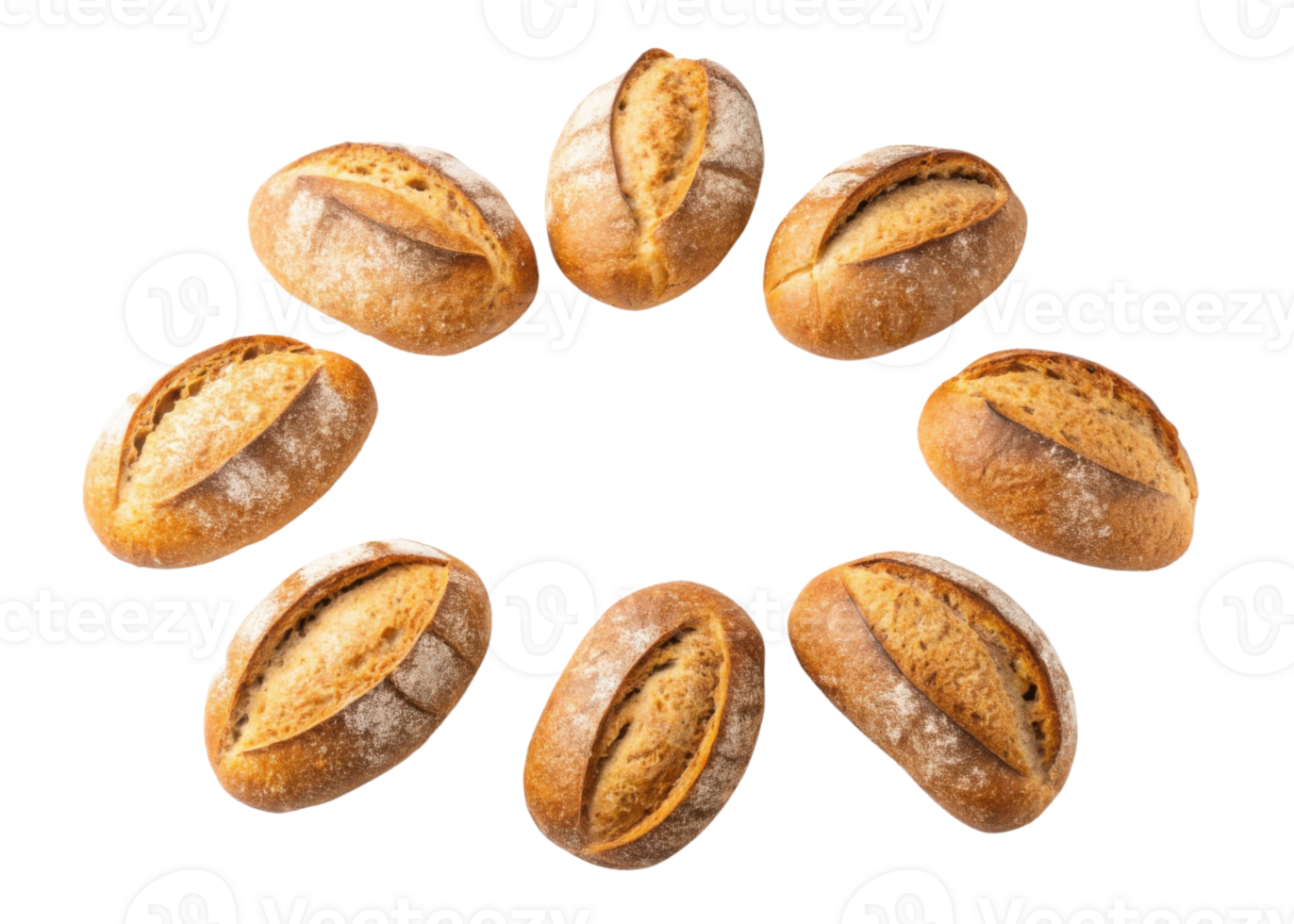Freshly baked sourdough rolls arranged in circular pattern showcase their golden crust and soft interior, perfect for any meal png