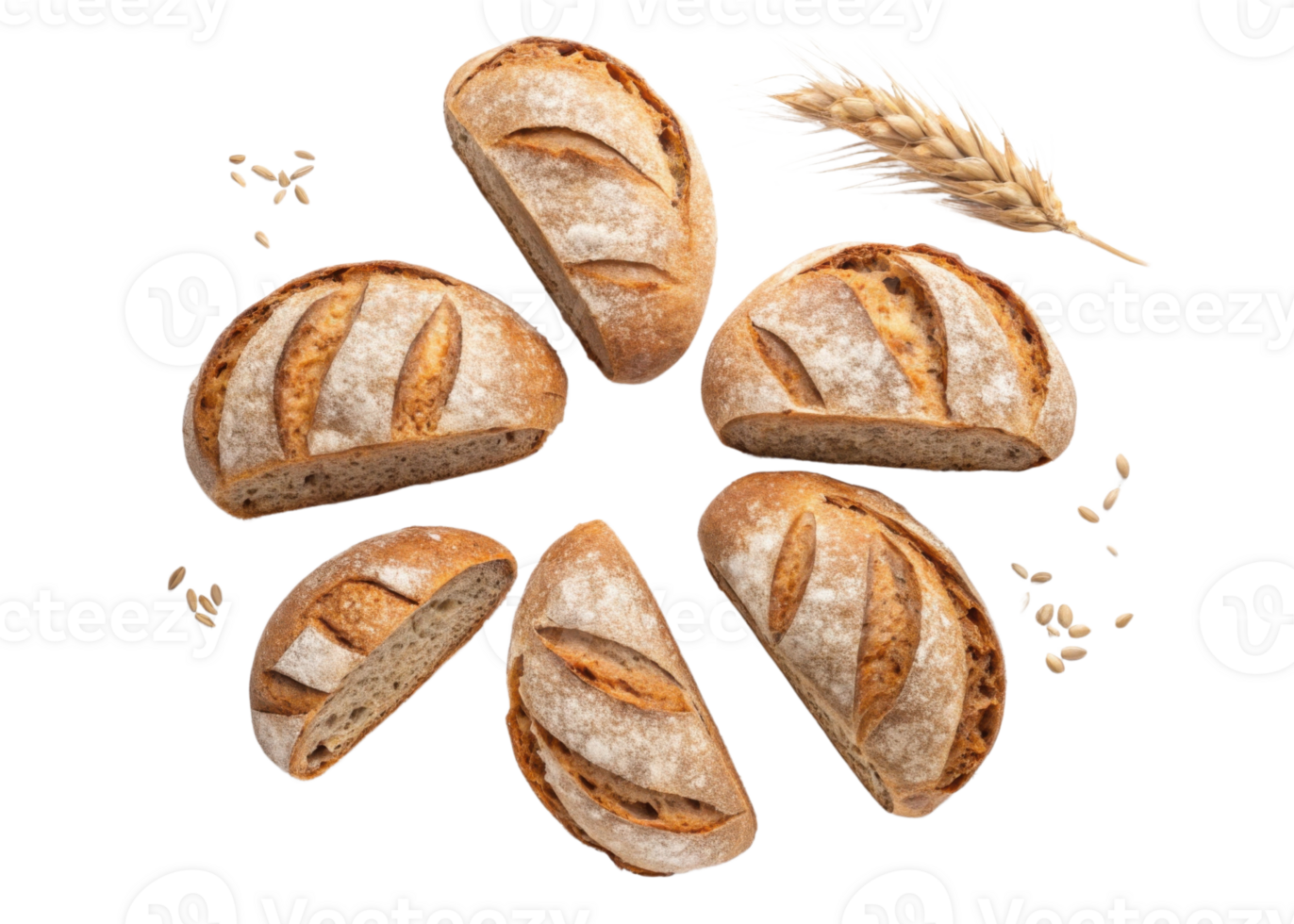 Freshly baked sourdough bread loaves arranged beautifully with wheat and seeds, showcasing their artisanal texture and golden crust png