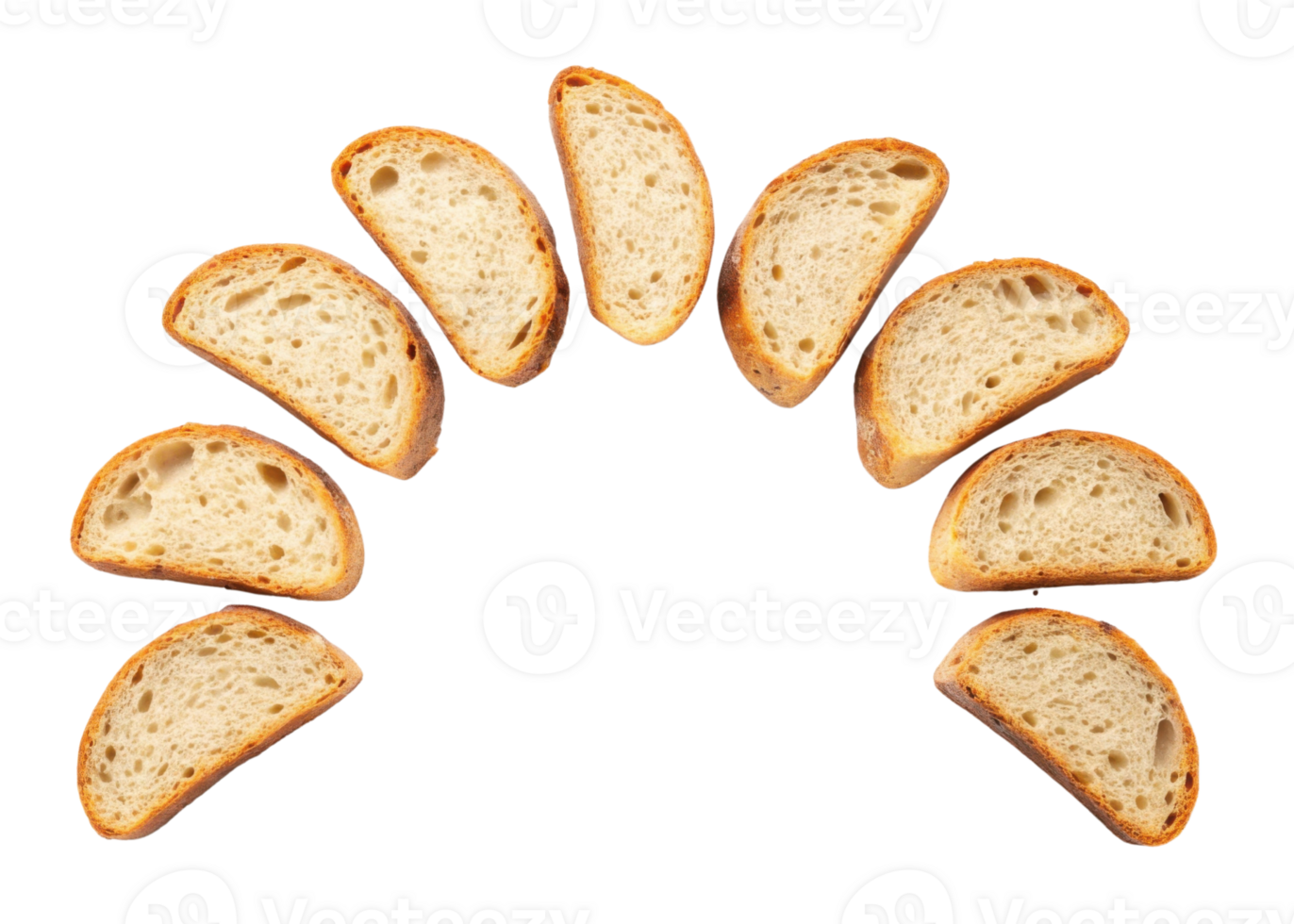 Sourdough bread slices arranged in circular pattern showcase their crusty texture and airy interior, perfect for any meal png