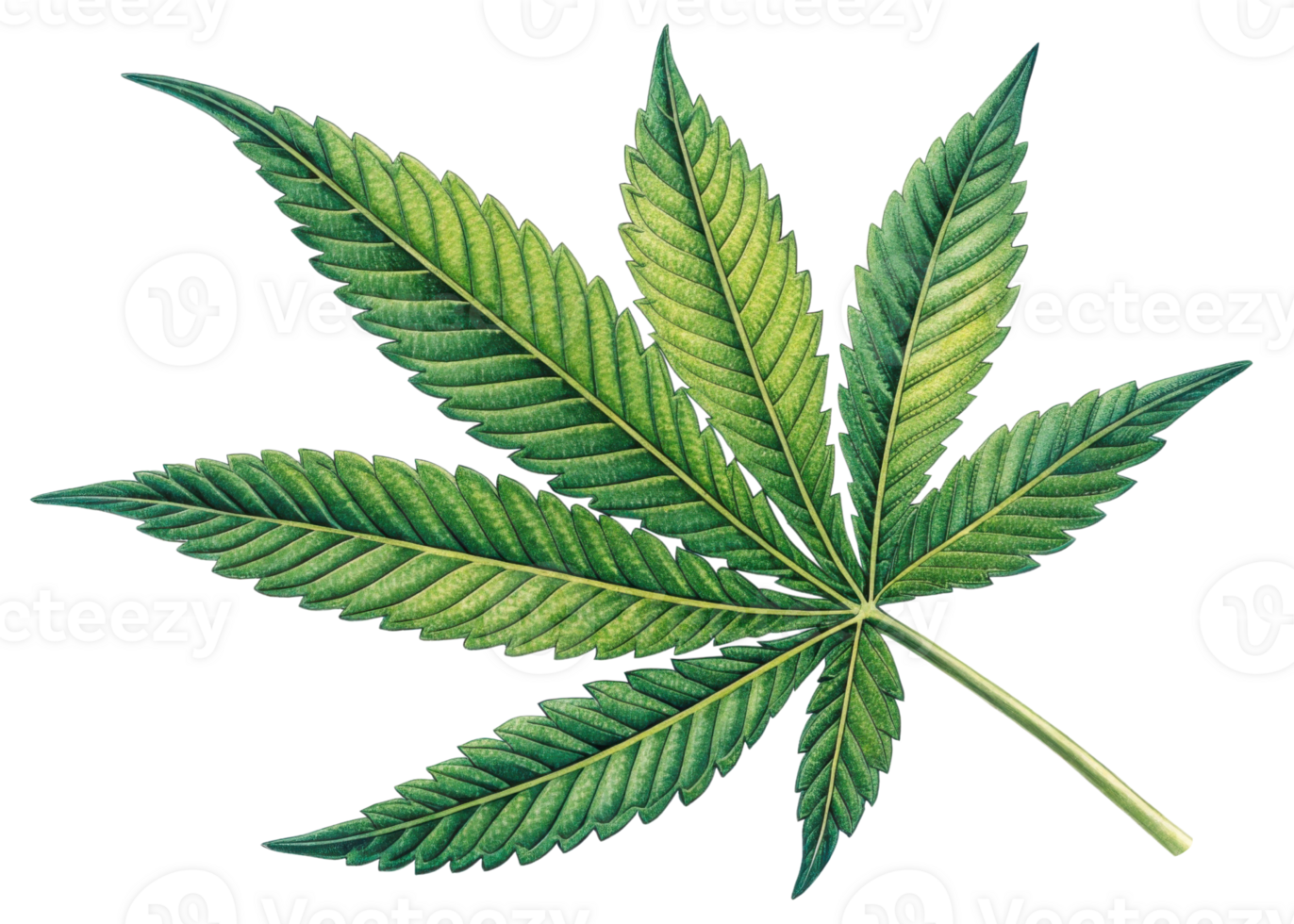 Cannabis leaf with detailed green texture and natural veins showing fresh and vibrant appearance in botanical style illustration png