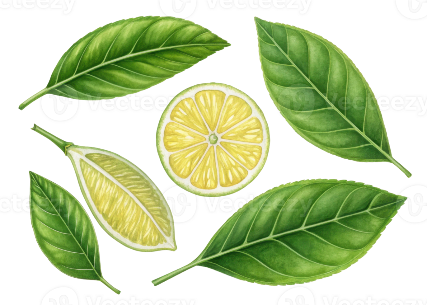 Lemon slice and leaf illustrations with vibrant green colors and detailed textures showing fresh citrus elements in natural and lively style png