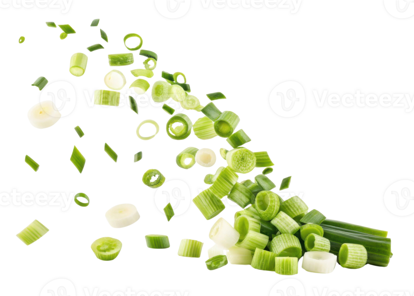 Fresh spring onion slices flying in air with vibrant green and white colors creating lively and fresh atmosphere for cooking or decoration png