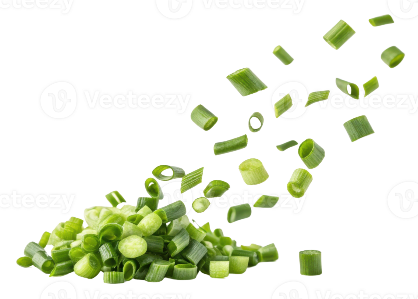 Fresh spring onion slices appear to float and scatter beautifully in air creating vibrant and fresh visual effect png