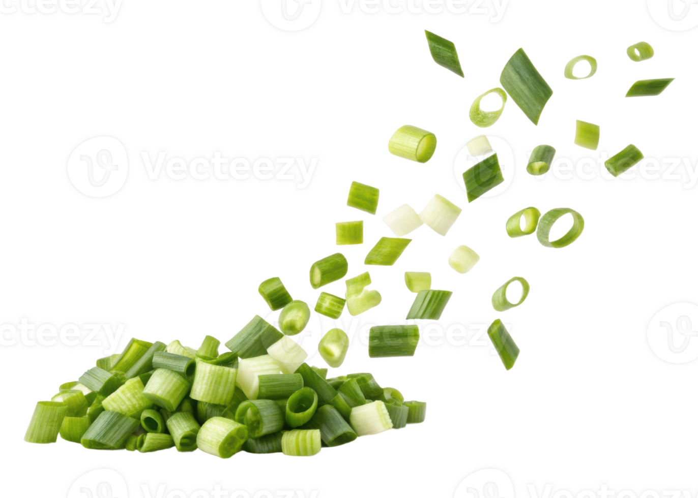 Fresh spring onion slices flying in air with vibrant green and white colors creating lively and fresh atmosphere for cooking and healthy meals png
